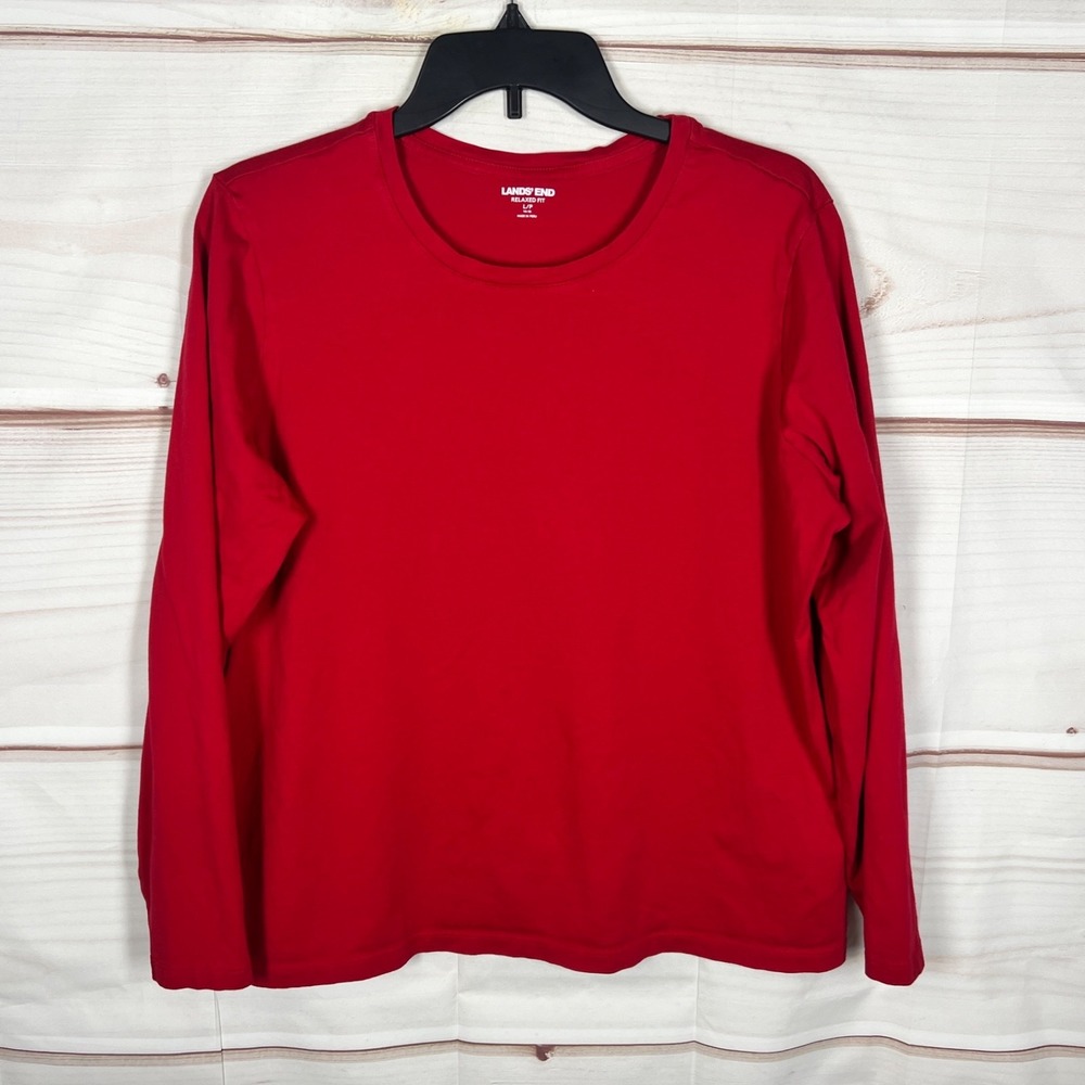 Lands End Top Womens PL Red‎ Cotton T-Shirt Relaxed Fit Long Sleeve Round Neck